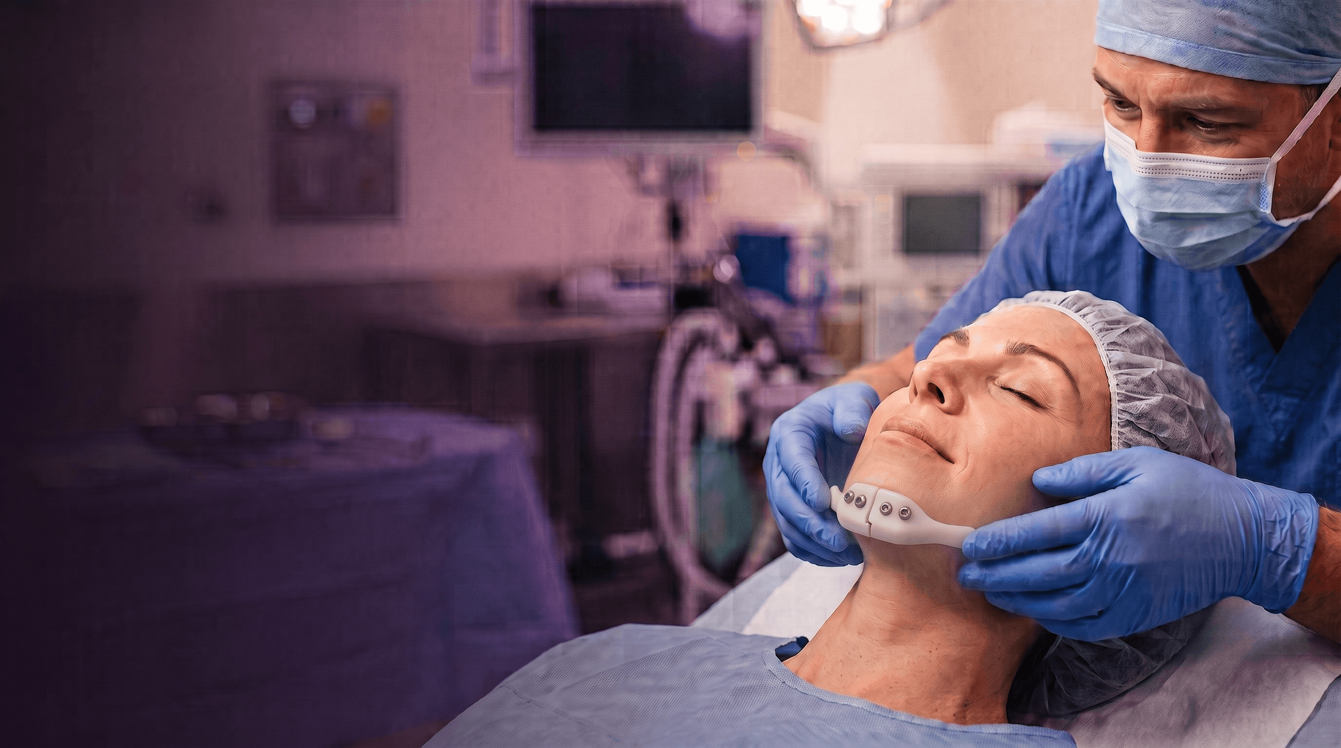 Cirurgião apresentando prótese facial customizada à paciente
